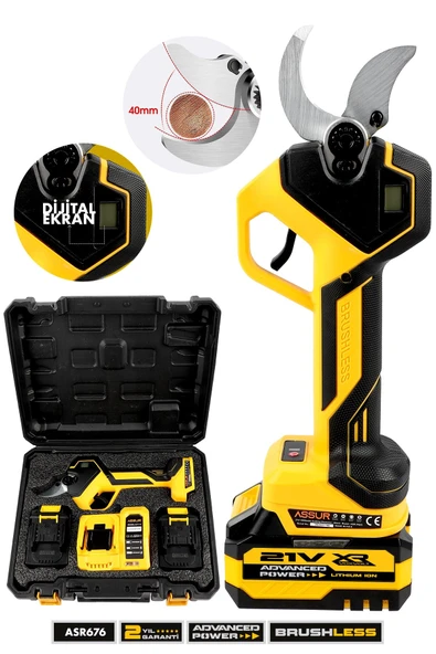 ASSUR 21V Çift Akülü 40 mm Ağaç Odun Dal Kesme Makinesı Şarjlı Dijital Budama Makası Sarı ürün görseli 1