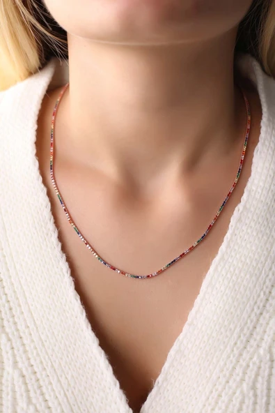 Lia Berto Rose 1.5 Mm Renkli Taşlı Su Yolu 925 Ayar Gümüş Kolye ürün görseli 1