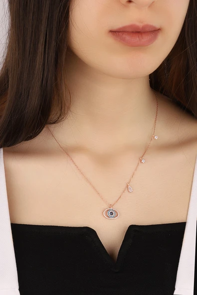 Lia Berto Kadın Aqua Taşlı Oval Göz Model 925 Ayar Gümük Kolye ürün görseli 1
