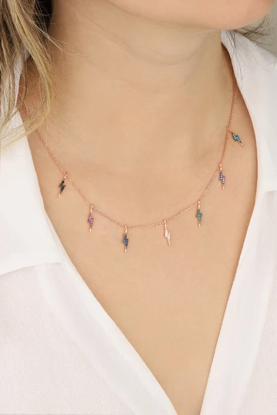 Lia Berto Kadın Rose Mix Taşlı Şimşek Model 925 Ayar Gümüş Kolye ürün görseli 1