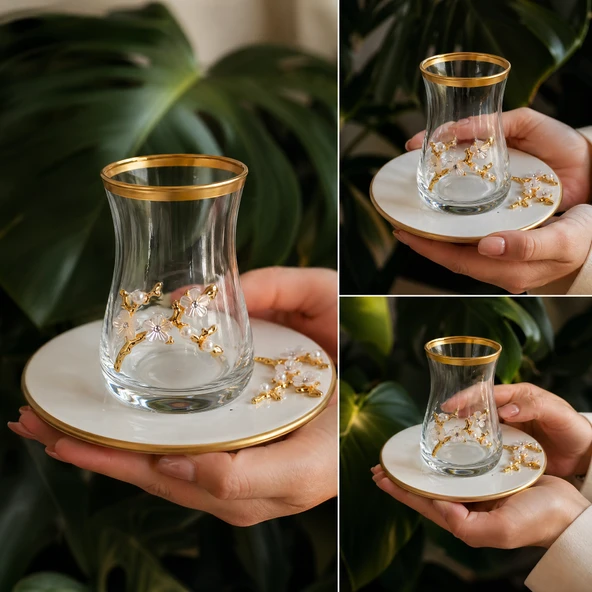 6 Kişilik Gold Detaylı Cam Çay Bardağı ve Porselen Tabak Seti Lüks Sunumluk ürün görseli 1