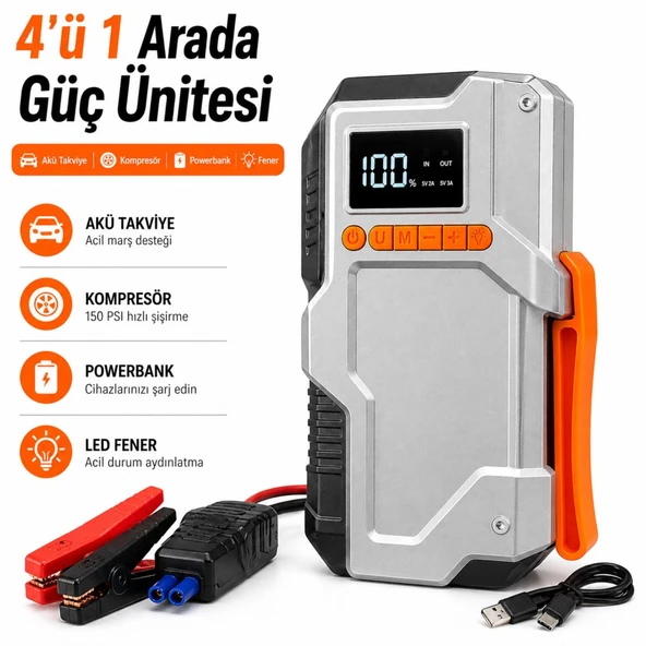4’ü 1 Arada Akü Takviye Cihazı 12000mAh Powerbank Kompresör 150 PSI Hava Pompası LED Fenerli Taşınabilir Marş Basma Cihazı ürün görseli 1
