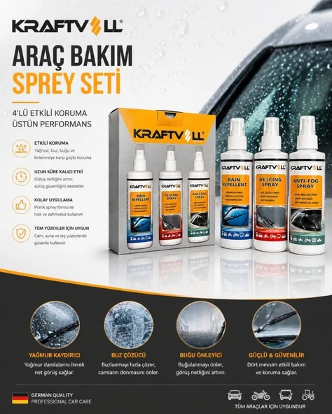 Kraftvoll 3'lü Araç Bakım Seti Yağmur Kaydırıcı+Buğu Önleyici+Buz Çözücü ürün görseli 1
