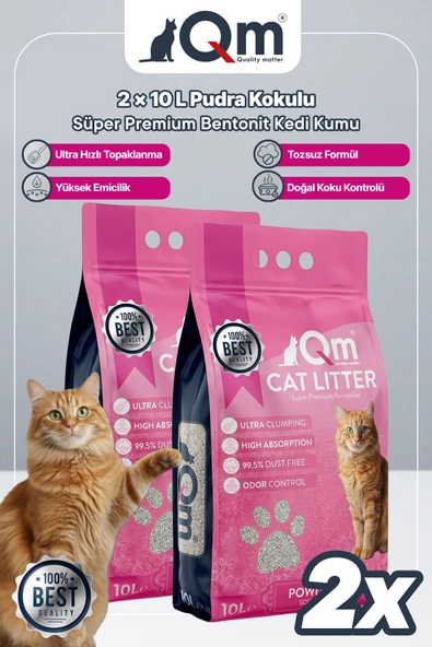 Qm Pudralı Süper Premium Bentonit Kedi Kumu 10 L x 2 Adet ürün görseli 1