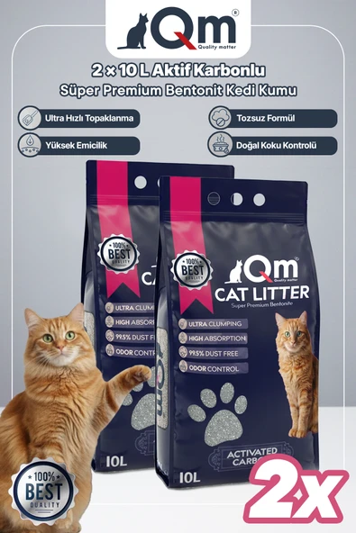 Qm Aktif Karbonlu Süper Premium Bentonit Kedi Kumu 10 L x 2 Adet ürün görseli 1