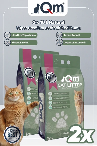 Qm Natural Süper Premium Bentonit Kedi Kumu 10 L x 2 Adet ürün görseli 1