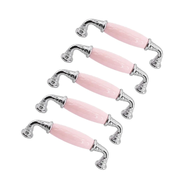 (5 Adet) Alvena Pembe Porselen Krom Kulp 96 mm 9.6 cm Mobilya Çekmece Dolabı Dolap Kapak Kulb Kulpu ürün görseli 1