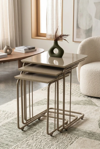 C Zigon Mdf Sehpa  3'lü Set, Tekerli  Metal Ayak, İç İçe Geçebilir ürün görseli 1