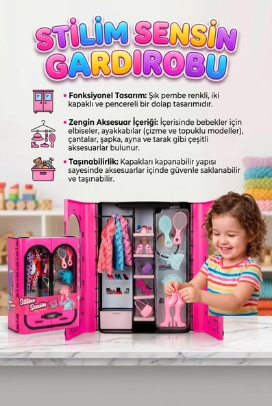 Stilim Sensin! 3 Farklı Şık Kıyafetli ve Aksesuarlı Çift Kapaklı Taşınabilir 34cm Oyuncak Gardırop ürün görseli 1
