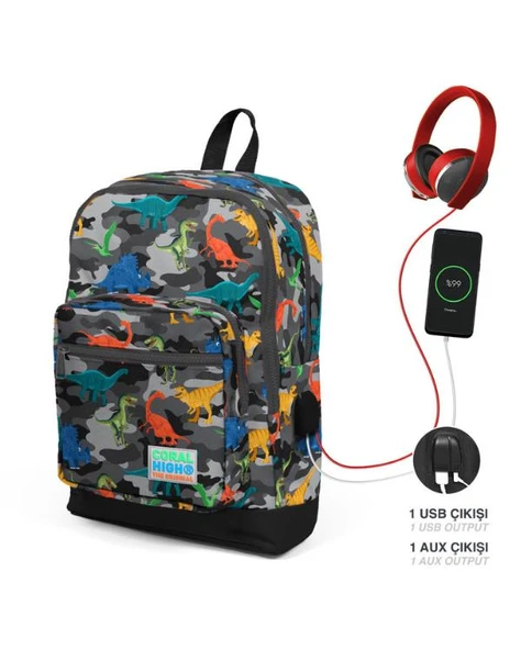 Coral High Dinozor Desenli USB ve AUX Soketli Okul Çantası 23286 ürün görseli 1