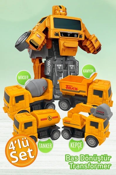Robota Dönüşebilen Çek Bırak Oyuncak Iş Makineleri / Inşaat Araçları 4 Adet ürün görseli 1