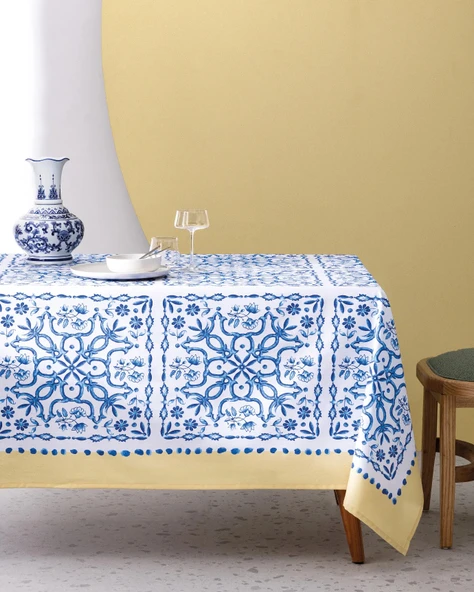 Madame Coco Ligny Polycotton Masa Örtüsü - Mavi/Bej - 150x200 cm ürün görseli 1