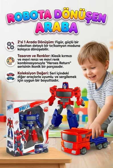 Dönüşebilen 2'si 1 Arada Robot Tırım! Form Değiştirebilen Eklemleri Hareketli 19cm Oyuncak Robot ürün görseli 1