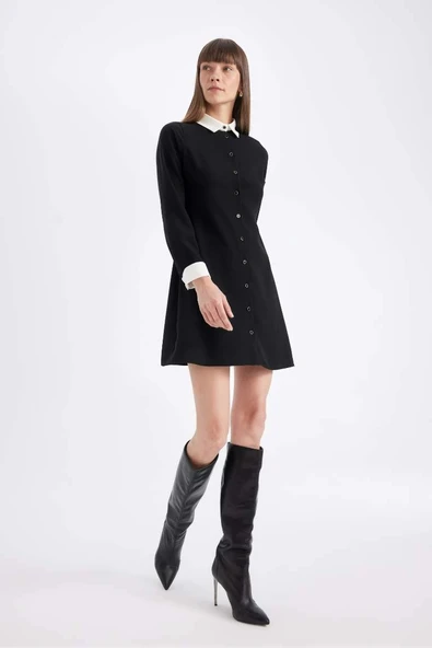 D2874 Krep Uzun Kollu Mini Elbise - Resim 3