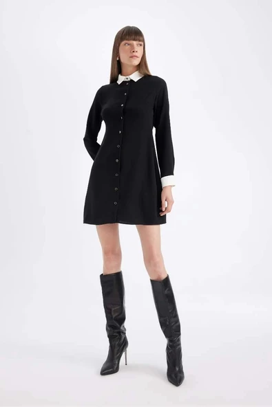 D2874 Krep Uzun Kollu Mini Elbise - Resim 2