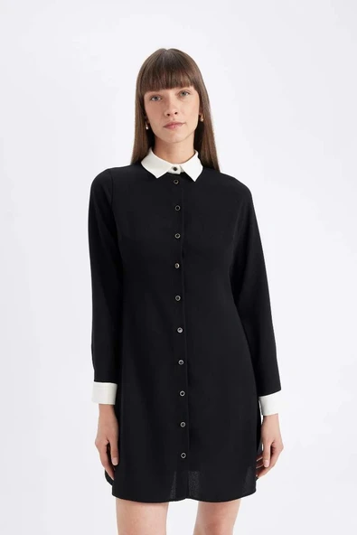 D2874 Krep Uzun Kollu Mini Elbise - Resim 5
