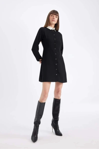 D2874 Krep Uzun Kollu Mini Elbise - Resim 4