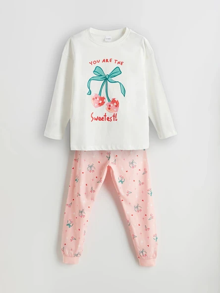 LCW Kids Ekru Bisiklet Yaka Kız Çocuk Pijama Takımı ürün görseli 1