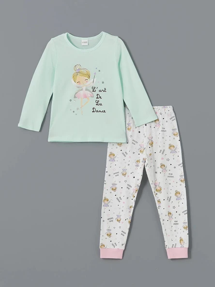 LCW Kids Turkuaz Bisiklet Yaka Baskılı Kız Çocuk Pijama Takımı ürün görseli 1