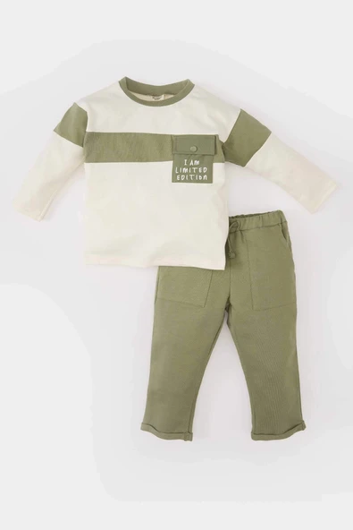 Defacto B9266 Ekru Erkek Bebek 2'li Takım Renk Bloklu Sweatshirt Eşofman Altı ürün görseli 1