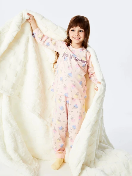 LCW Kids Pembe Bisiklet Yaka Baskılı Kız Çocuk Pijama Takımı ürün görseli 1