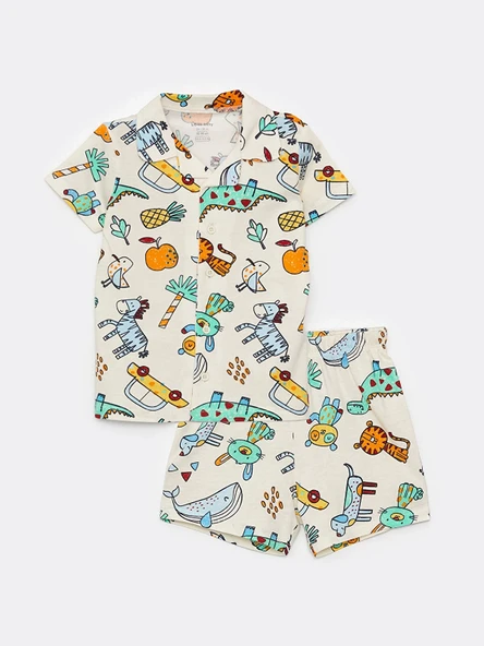 LCW baby Ekru Polo Yaka Kısa Kollu Desenli Erkek Bebek Pijama Takımı ürün görseli 1
