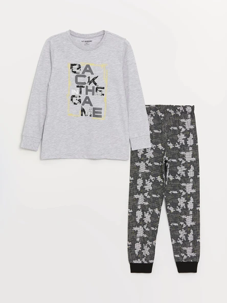 LCW Kids Gri Bisiklet Yaka Baskılı Uzun Kollu Erkek Çocuk Pijama Takımı ürün görseli 1