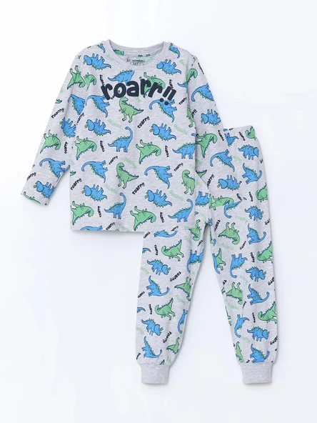 LCW Kids Gri Bisiklet Yaka Dizanor Baskılı Erkek Çocuk Pijama Takım ürün görseli 1