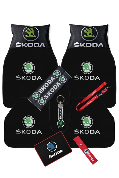 Skoda Uyumlu 5'li Oto Paspas & Siyah Araç Boyun Yastığı - Emniyet Kemer Pedi - Full Oto Aksesuar Seti ürün görseli 1