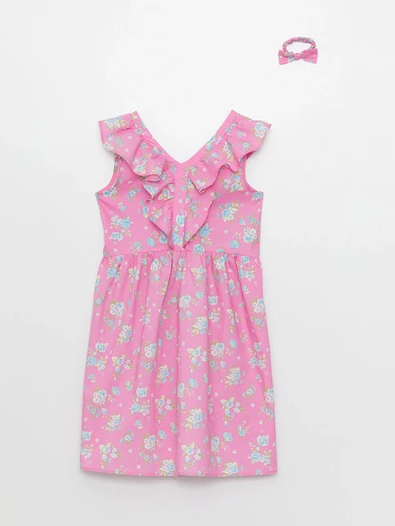 LCW Kids Pembe V Yaka Desenli Kısa Kollu Kız Çocuk Elbise ve Toka ürün görseli 1