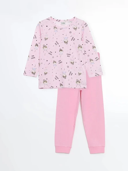 LCW Kids Pembe Bisiklet Yaka Baskılı Kız Çocuk Pijama Takımı ürün görseli 1
