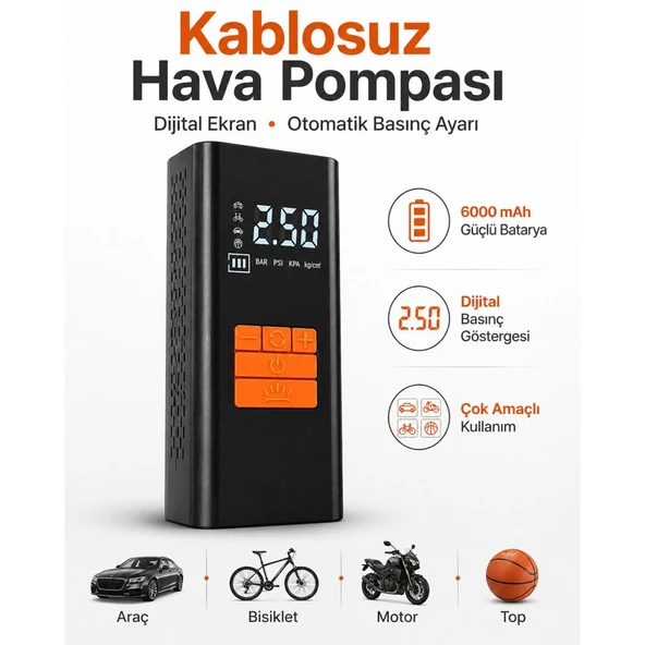 Kablosuz Hava Pompası 6000 mAh Şarjlı Dijital Ekranlı Lastik Şişirme Kompresörü Araç Bisiklet Motor Top ürün görseli 1