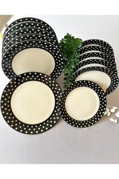 Yiğit Seramik Züccaciye Elegance Puantiye 6 Adet Servis + 6 Adet Pasta Tabağı Sunumluk ürün görseli 1