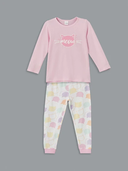 LCW Kids Pembe Bisiklet Yaka Baskılı Kız Çocuk Pijama Takımı ürün görseli 1