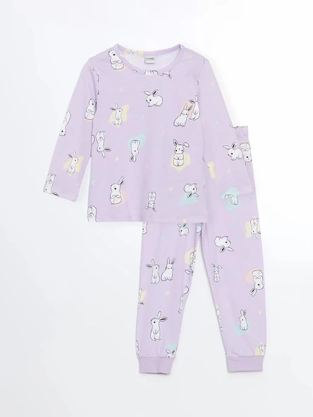 LCW Kids Lila Bisiklet Yaka Uzun Kollu Baskılı Kız Bebek Pijama Takımı ürün görseli 1
