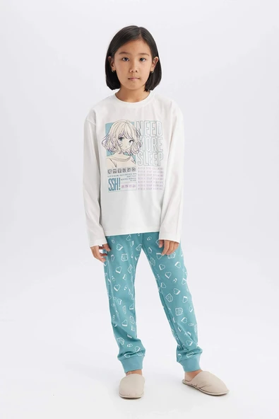 Defacto E0531 Ekru Kız Çocuk Pijama Takımı Uzun Kollu Üst Esnek Belli Uzun Alt ürün görseli 1