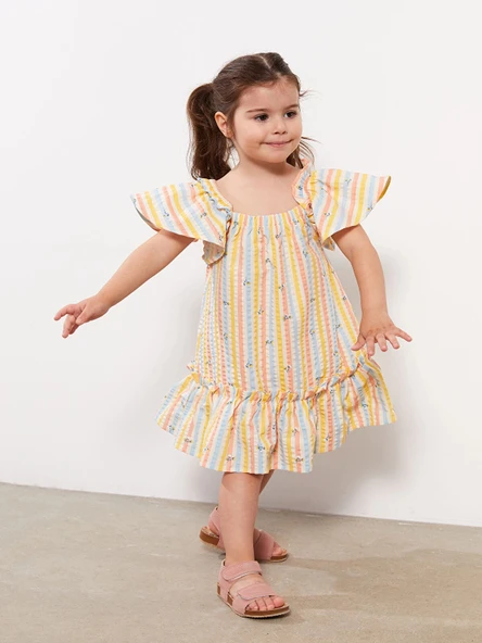 LCW baby Bej Kare Yaka Kısa Kollu Desenli Kız Bebek Elbise ürün görseli 1