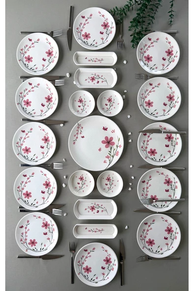 Yiğit Seramik Züccaciye Bahar Model 12 Kişilik 21 Parça Röfyeli Modern Kahvaltı - Brunch Takımı (Pembe) ürün görseli 1