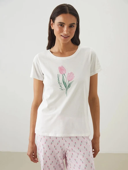 LCW DREAM Pembe Bisiklet Yaka Çiçekli Kadın Kaprili Pijama Takımı ürün görseli 1