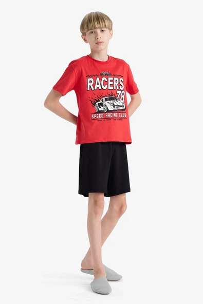 Defacto F1734 Kırmızı Erkek Çocuk Pijama Takımı Kısa Kollu Üst Esnek Belli Şort ürün görseli 1