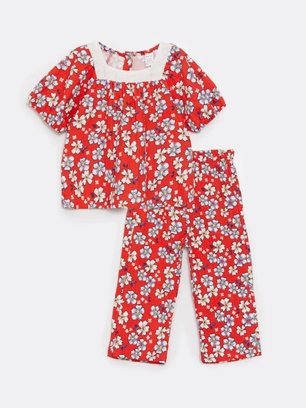 LCW baby Kirmizi Kare Yaka Kısa Kollu Desenli Kız Bebek Bluz ve Pantolon 2'li Takım ürün görseli 1