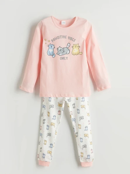 LCW Kids Pembe Bisiklet Yaka Kız Çocuk Pijama Takımı ürün görseli 1