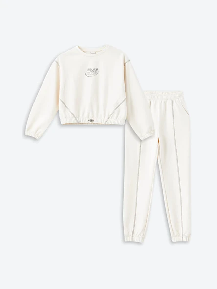 LCW Kids Ekru Bisiklet Yaka Soft Touch Kız Çocuk Eşofman Takım ürün görseli 1