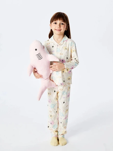 LCW Kids Ekru Gömlek Yaka Baskılı Kız Çocuk Pijama Takım ürün görseli 1
