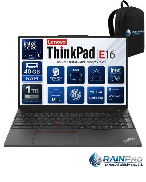 Thinkpad E16 Gen2 Intel Core Ultra 5 125U 40 GB DDR5 1 TB SSD 16" Wuxga IPS Windows 11 Pro Taşınabilir Bilgisayar 21MA003RNP14 ürün görseli 1