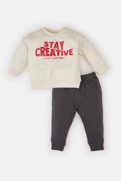 Defacto D7921 Ekru Erkek Bebek 2'li Takım Baskılı Sweatshirt Beli Lastikli Eşofman Altı ürün görseli 1