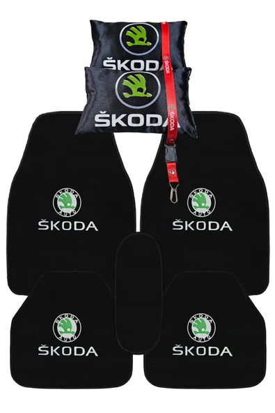 Skoda Uyumlu 5'li Oto Halı Paspas & Dijital Baskılı Siyah Araç Seyahat Boyun Yastığı & Oto Ayna Askısı ürün görseli 1