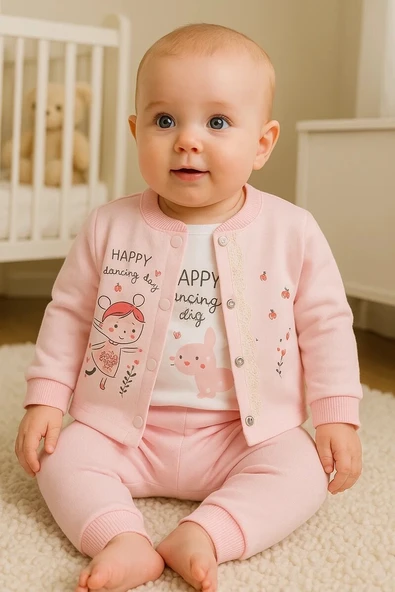 Happy Dancing Desenli 3'lü Hırkalı Kız Bebek Takım ürün görseli 1