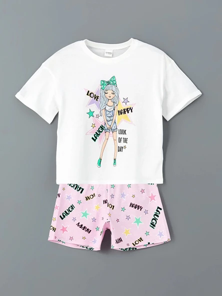 LCW Kids Beyaz Bisiklet Yaka Kız Çocuk Şortlu Pijama Takımı ürün görseli 1