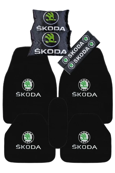 Skoda Araçlar İçin 5 Parça Oto Halı Paspas - Dijital Baskılı Siyah Seyahat Boyun Yastık & Emniyet Kemer Kılıfı ürün görseli 1